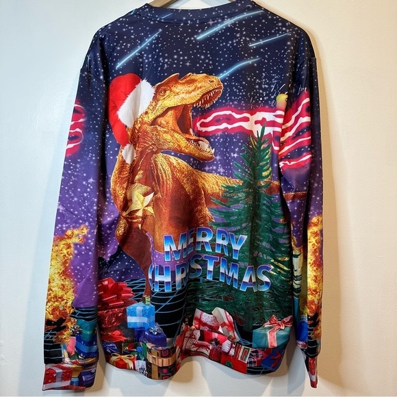 Adult Colorful Long Sleeve Pullover Dinosaur T-Rex Ugly Christmas Xmas Shirt  XL - Picture 2 of 5